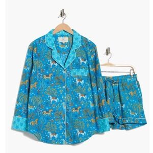PRINTFRESH Pajama Poplin Short Set Size 4XL Blue Green Print Horse NWT Organic